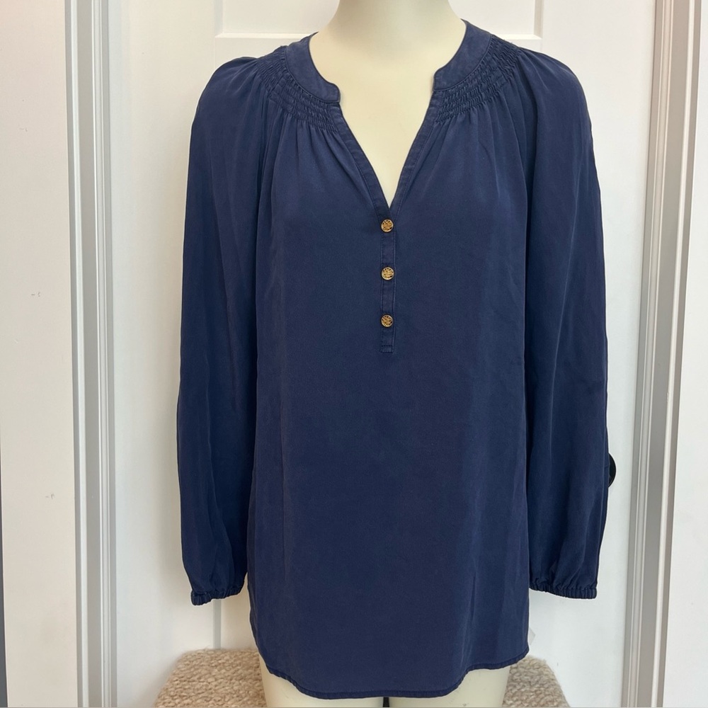 Lilly‎ Pulitzer Women Navy Blue Cinched Detail Blouse Long Sleeve 100% Silk Sz M